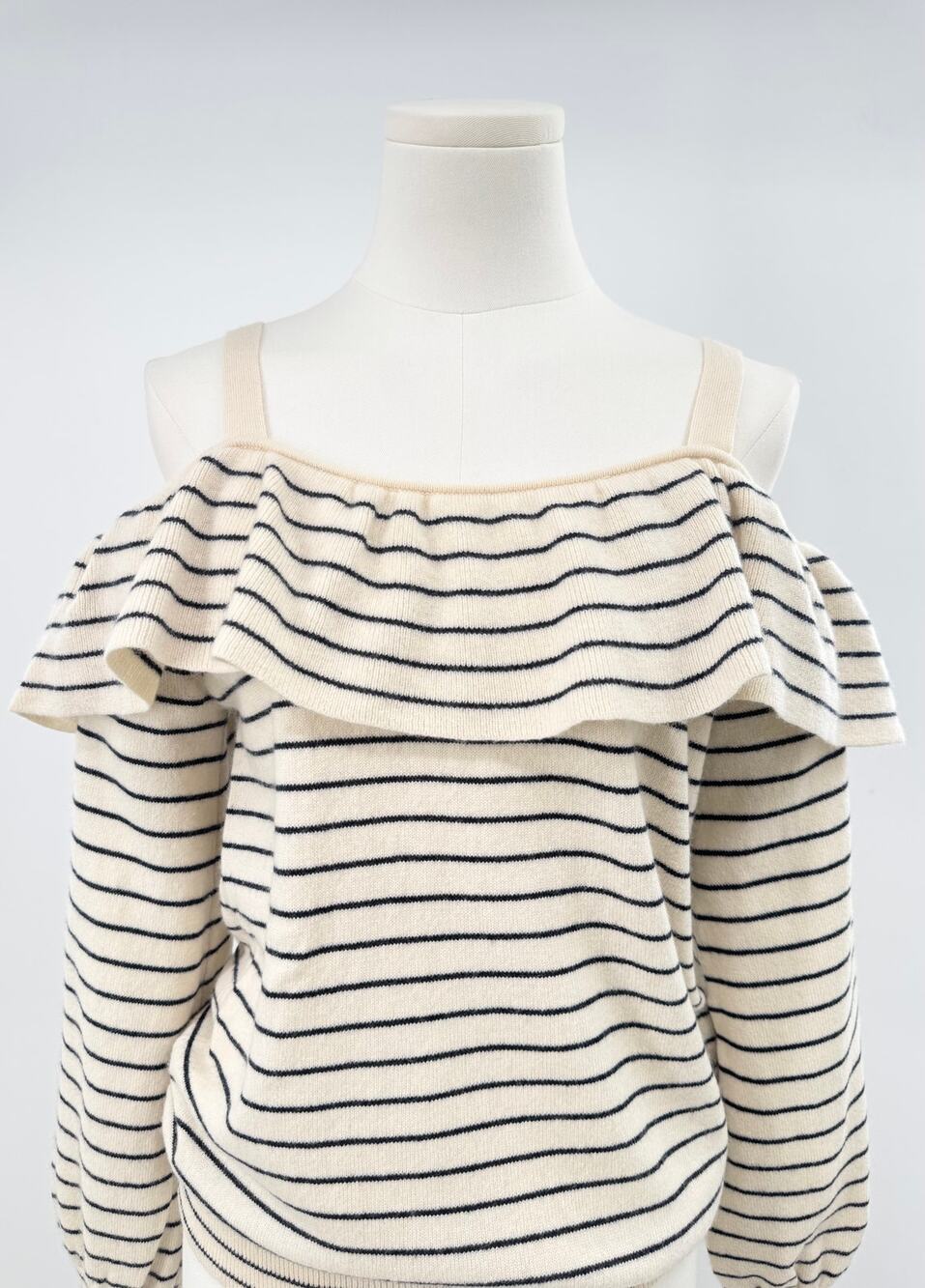 Joie Cream Navy Stripe Wool Cashmere Sweater Cold Shoulder Ruffle Knit S